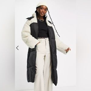 ASOS longline Sherpa maxi coat in black and crème